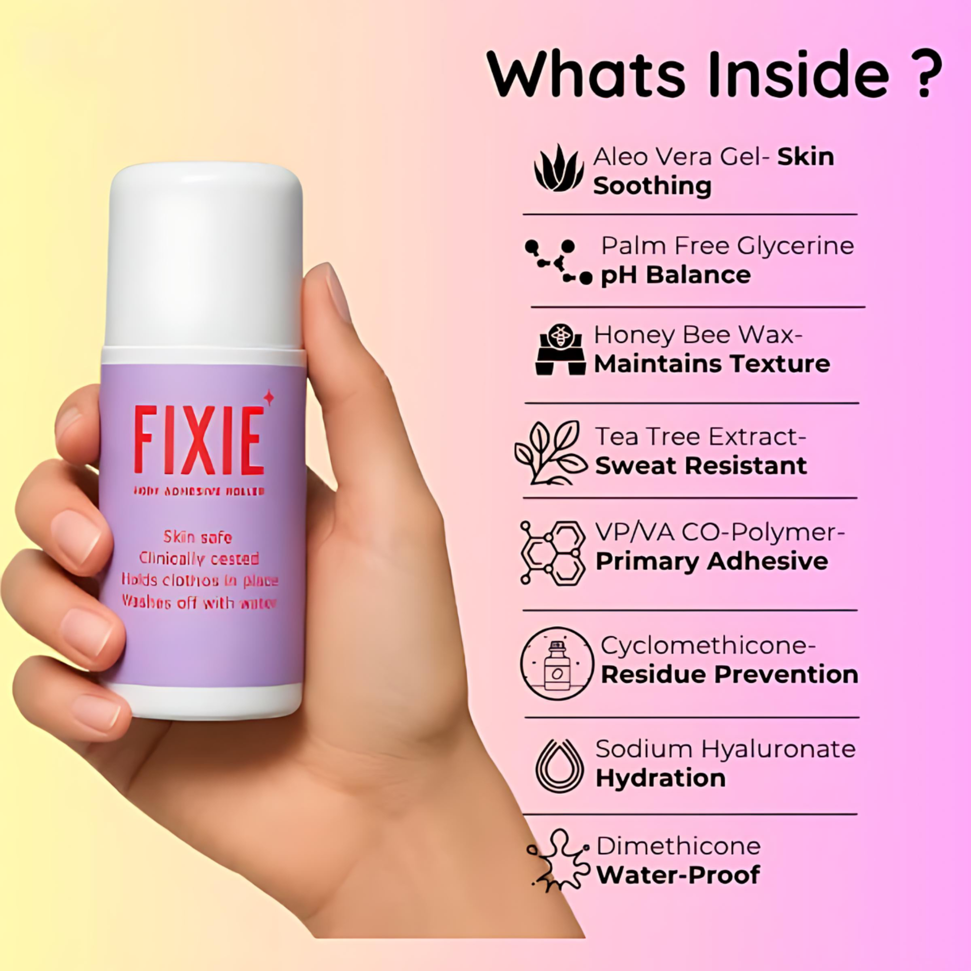 Hand holding a purple FIXIE product with ingredient list on a pink background
