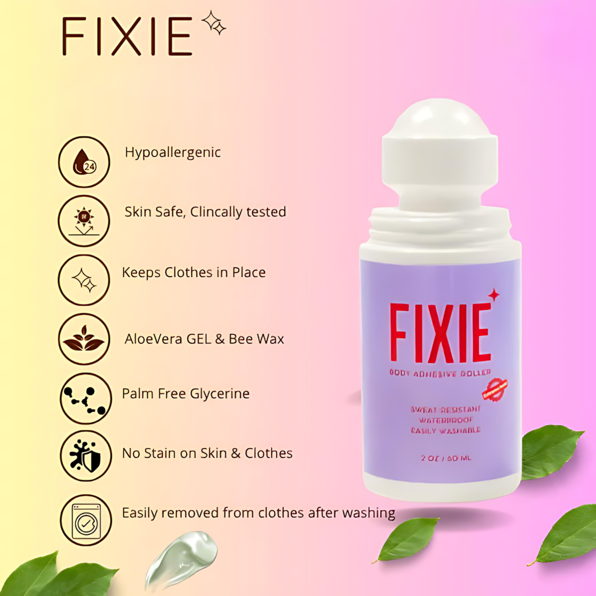 FIXIE body adhesive roller with product features on a pink and yellow gradient background