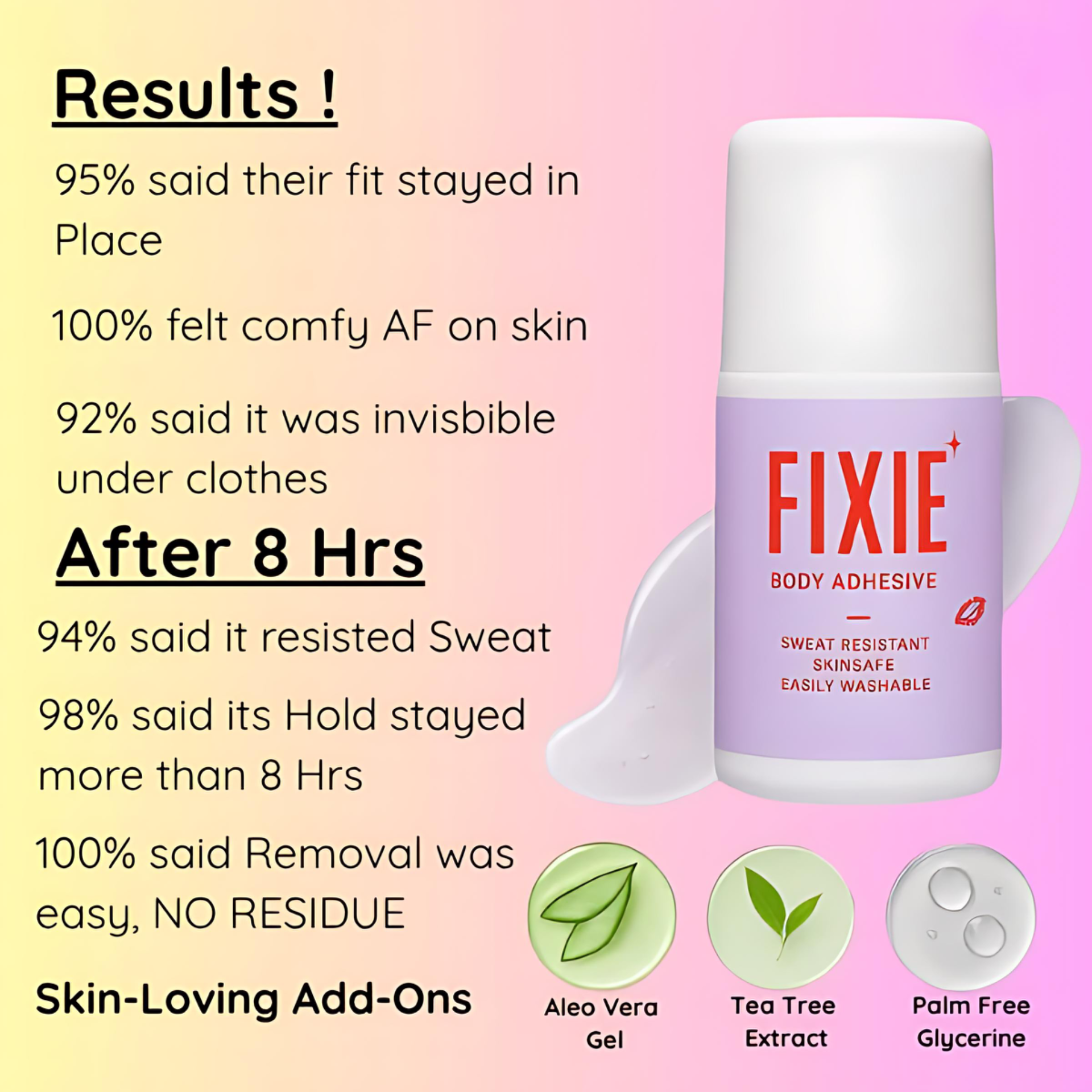 FIXIE body adhesive bottle with positive user feedback on a pink background