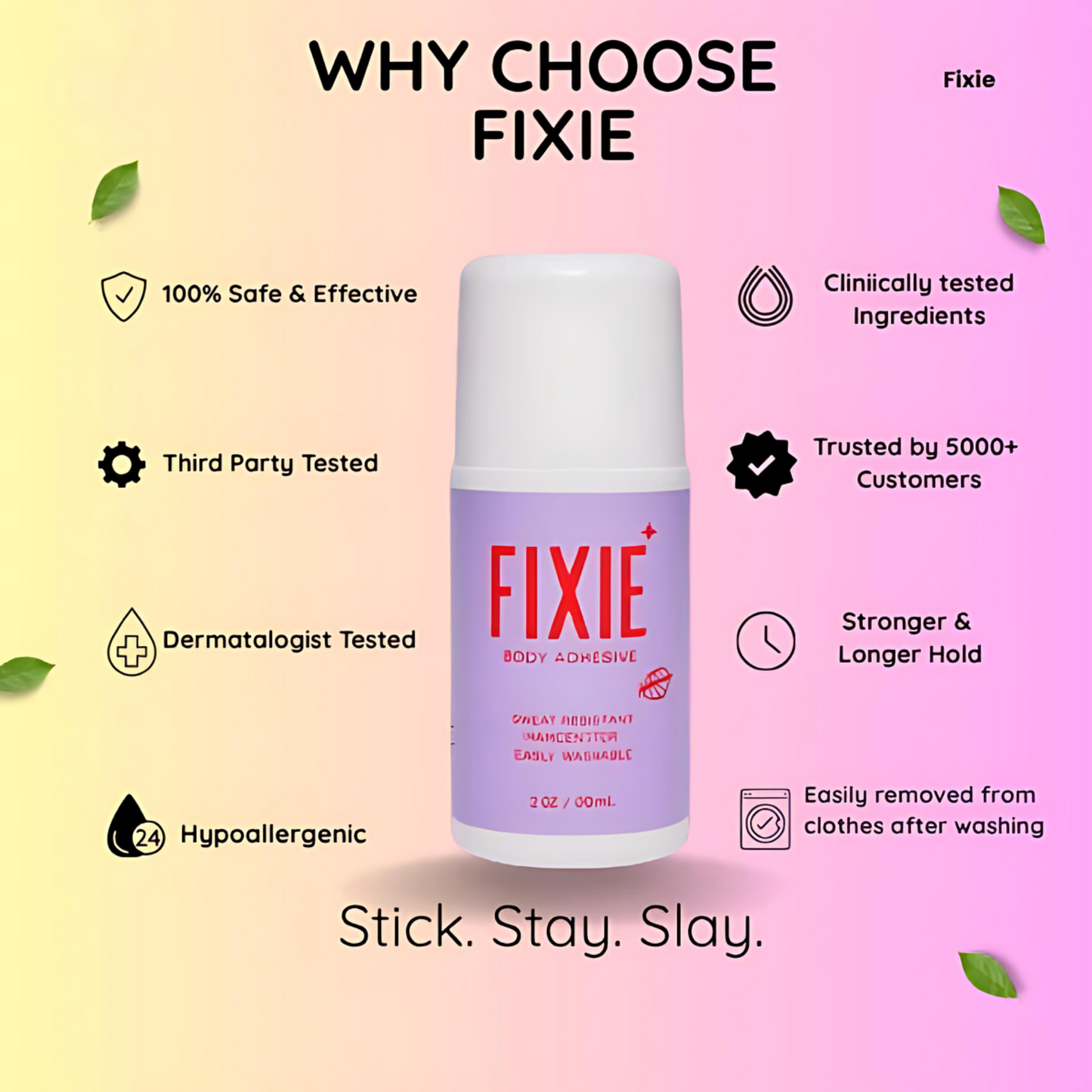 Fixie body adhesive bottle with features listed on a gradient background
