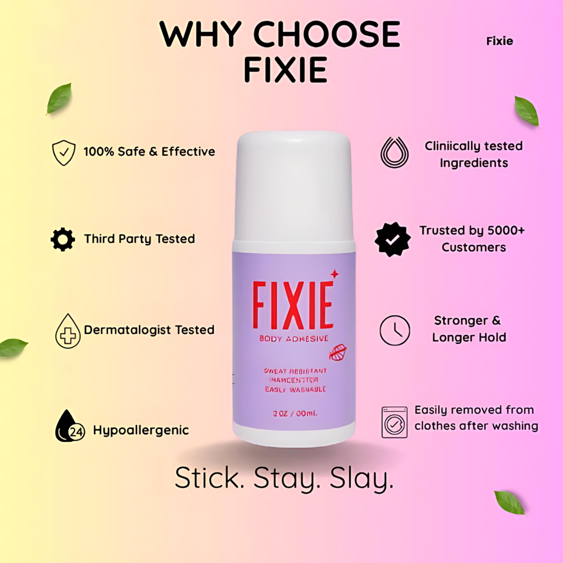 Fixie body adhesive bottle with features listed on a gradient background