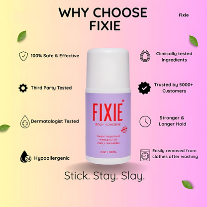 Fixie body adhesive bottle with features listed on a gradient background